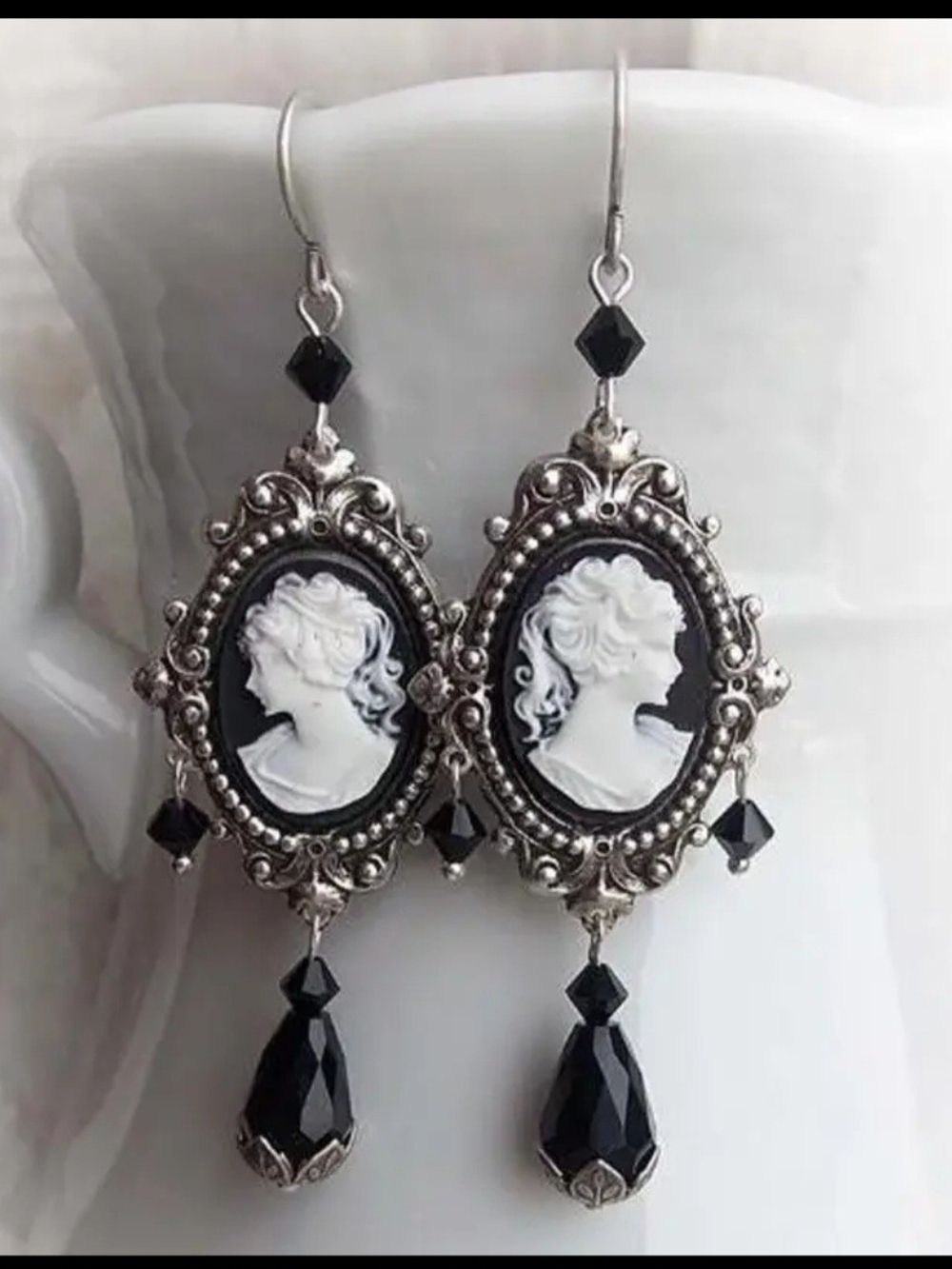 Cameo Black and White Ornate Design Silver Victorian-Style Cameo Drop Earrings